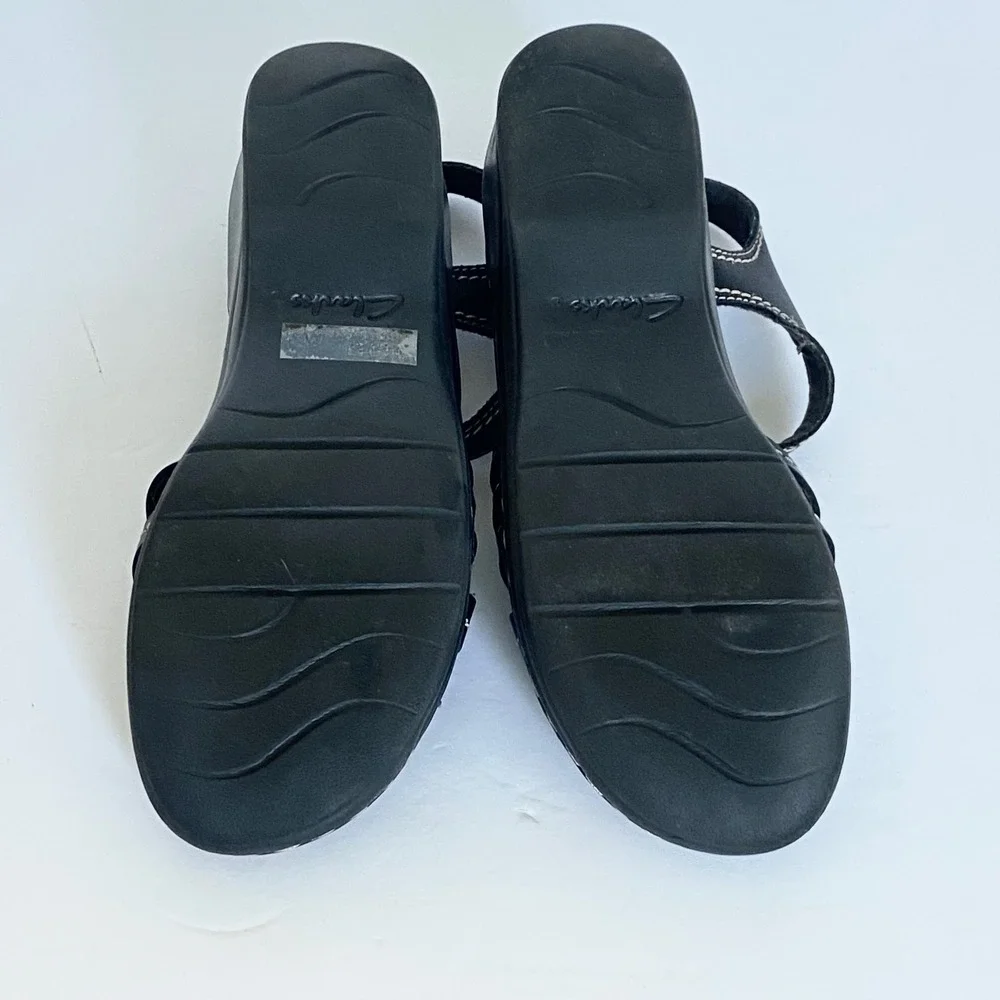 Clarks Bendables Black Leather Wedge Sandals Strappy Comfort 60233 Womens 7.5M